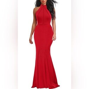 Berydress Women's Long Evening Dress Halter Neck Sleeveless Red Small mermaid